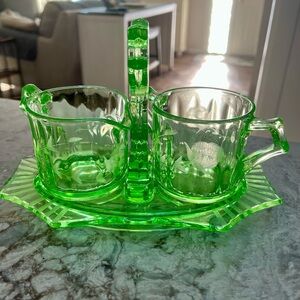 Vintage uranium glass sugar and cream  servers with caddy